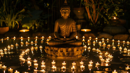 burning candles and buddha in the temple,generative ai