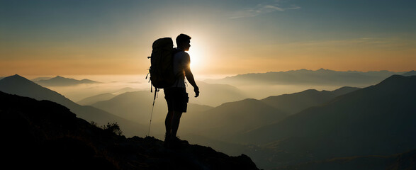 Backpacker Silhouette Sharing Summit Stories Against Setting Sun in Natural Exposure - Stock Photo Concept for Adobe