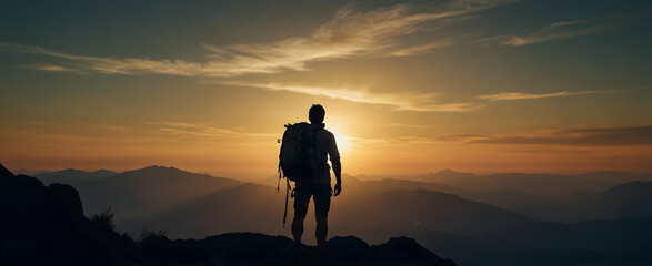 Adventure Tales: A Backpacker's Silhouette Against the Setting Sun, Sharing Stories of Summit Conquests and Fulfilled Dreams - Backpacker Exposure in Natural Setting