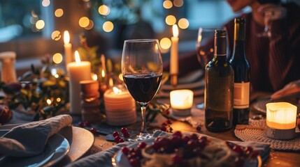 Cozy date night at home with candles, wine and homemade food with your loved one in a romantic setting.