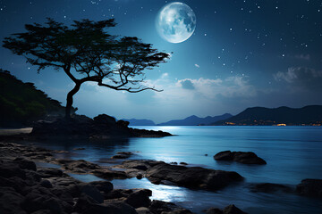 Romantic and beautiful panorama with full moon on the beach until evening