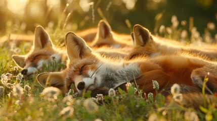 Naklejka premium A fox family luxuriates in the warm sun their thick fur glistening as they roll playfully in a nearby meadow dotted with wild berry bushes. .