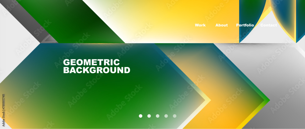 Poster a modern geometric background featuring triangles, rectangles, and electronic device logos in green,