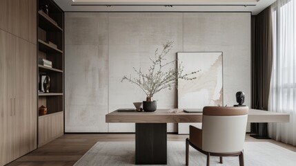 In the study the minimalist aesthetic is highlighted by the use of a white suede wallpaper on one wall. The texture adds a subtle dimension to the space without being overwhelming .