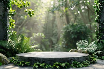 3D render nature product display podium with forest background