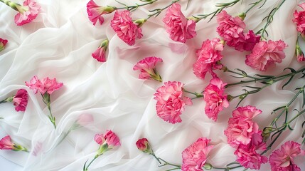 A delightful array of vibrant pink carnations resting on a delicate light tablecloth in a horizontal format These stunning spring blooms have been artistically cut creating a charming Mothe