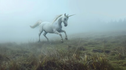 Obraz na płótnie Canvas Ethereal High Angle Shot of White Unicorn in Mystical Foggy Meadow.