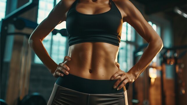 Image of a woman exercising in a gym, promoting fitness, health, and beauty, with a focus on toned muscles and a fit lifestyle