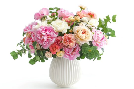 A bouquet of flowers in a white vase isolated on white