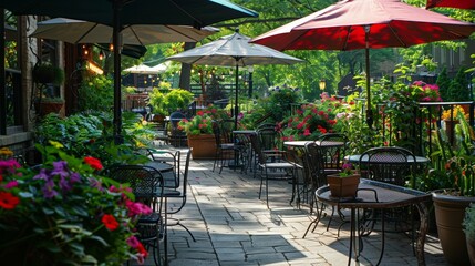 Fototapeta na wymiar Outdoor cafe with wrought iron tables and colorful umbrellas. Enjoy coffee drinks outdoors.