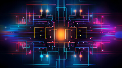 Obraz premium Digital technology neon lights grids lines abstract pattern poster web page PPT background