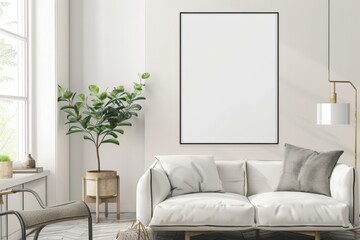 Scandinavian style living room with poster mockup created with generative ai