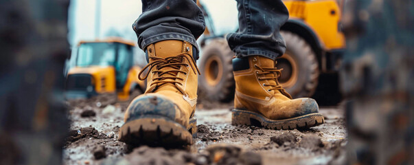 Construction worker boots at a industrial job site - Powered by Adobe