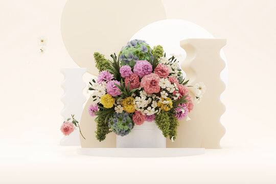 3D podium display, pastel beige background with hydrangeas flower and vintage frame. Peonies flower and nature leaf. Minimal pedestal for beauty, product. Feminine copy space template 3d render	