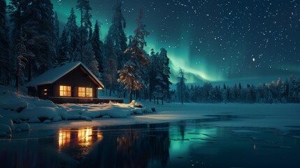 A secluded cabin on the edge of a frozen lake offering a magical view of the Aurora Borealis reflected in the glimmering water. 2d flat cartoon.