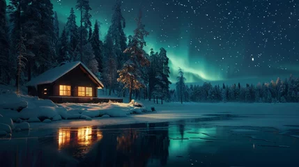 Peel and stick wall murals Reflection A secluded cabin on the edge of a frozen lake offering a magical view of the Aurora Borealis reflected in the glimmering water. 2d flat cartoon.