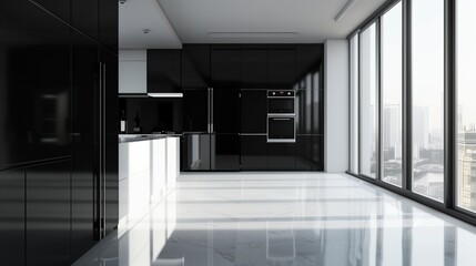 Minimal style black kitchen 3d render.There are white floor and wall, Glossy white cabinet doors,Black refrigerator and oven,The room has large windows. lookink out to the city view.