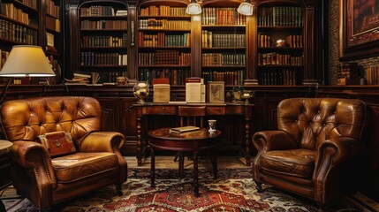 Vintage coffee shop with leather chairs, Persian rugs and shelves lined with old books.