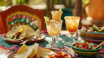 Enjoying margaritas and Mexican cuisine on a vibrant tabletop with a perfect spot left for your own message - obrazy, fototapety, plakaty