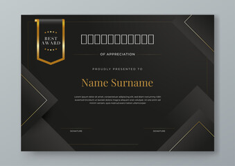 Black and gold vector professional and modern award corporate certificate design template. For award, business, diploma, workshop, award, graduation, completion, competition and education