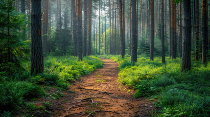 Serene forest path in summer. Green forest and forest trail
