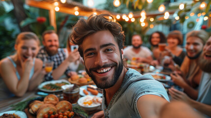 Obraz premium group of people at the party Joyful Friends Taking Selfie at Outdoor Gathering