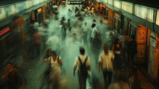 Muted and hazy image of a crowded subway station highlighting the constant movement and expansion of city populations often at the expense of natural landscapes. .
