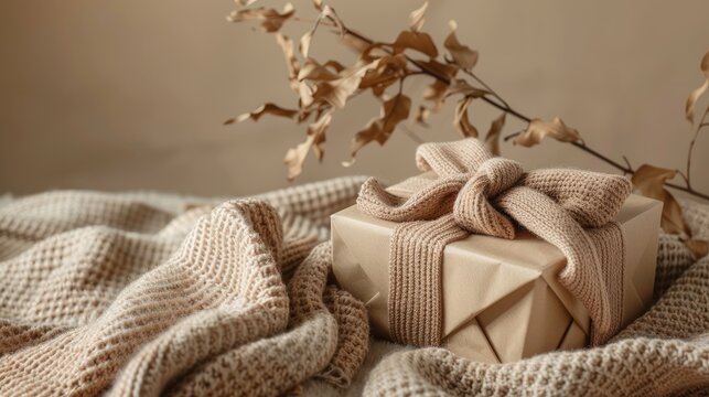 A beautifully presented gift box is adorned with eco friendly wrapping paper tied with ribbons resting on a cozy wool scarf against a neutral beige backdrop This elegant setup captures the 