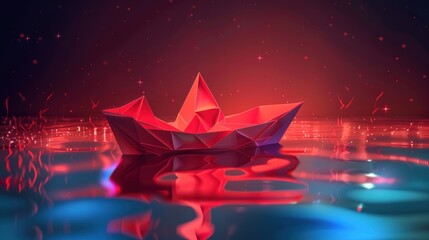 Boat folded paper origami from futuristic polygonal red lines and glowing stars for banner, poster, greeting card. AI generated