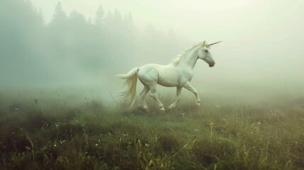 Obraz na płótnie Canvas Mystical White Unicorn Galloping in Foggy Meadow - Fisheye Lens.