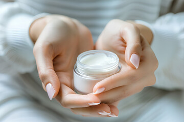 Close-up of gentle hands holding an open jar of luxurious moisturizing cream, showcasing daily skincare routine and self-care concept.