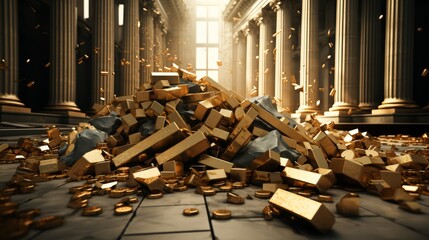 3D minimalist scene of a stock market crash depicted by broken gold columns, - obrazy, fototapety, plakaty