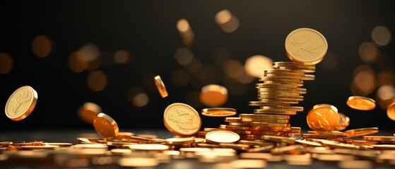 3D minimalist scene of falling gold coins in slow motion, market volatility,