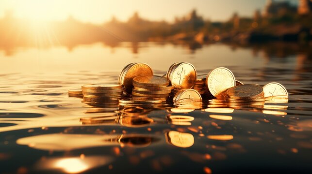 3D minimalist visualization of sinking gold coins in clear water, symbol of investment loss,