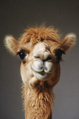 Fototapeta premium Cute Llama camel portrait, on a dark grey background, hilarious, talking, funny photo of animals, nature photo