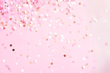 This vibrant backdrop features pink and white confetti with golden highlights, symbolizing joy and festivity on a pastel pink canvas, making it perfect for party themes and joyful announcements. - 788889141