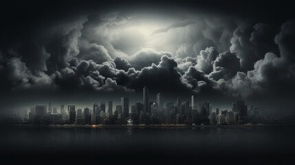 Minimalist 3D image of a dark cloud over a cityscape, economic depression visual,