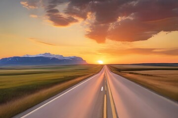 Straight road through rural landscape at sunset, Alberta, Canada Generative AI