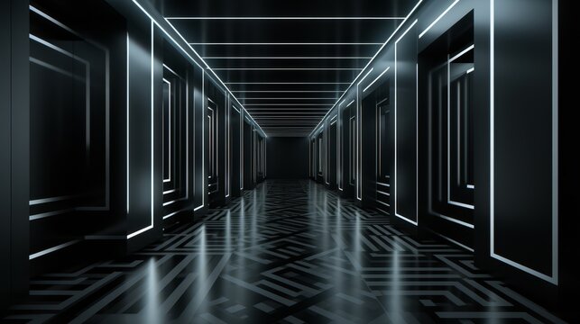 Minimalist 3D hallway with dark geometric patterns and lighting,
