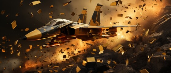 Realistic 3D depiction of minimalist warplanes dropping gold bombs, high cost of warfare, - obrazy, fototapety, plakaty