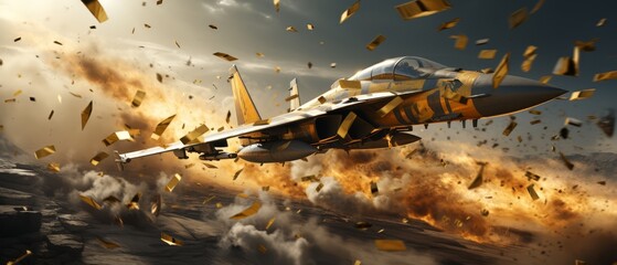 Realistic 3D depiction of minimalist warplanes dropping gold bombs, high cost of warfare,