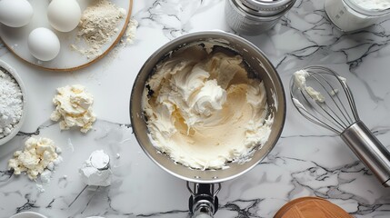 Creating a flat lay follow each step as you mix ingredients in a standing kitchen mixer to whip up some delicious cream cheese frosting