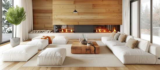 Obraz premium Large living area decorated in white and wood, featuring a contemporary fireplace and sofa.