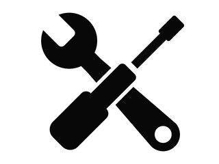 Black round screwdriver and wrench crossed tools icon, simple professional equipment flat design pictogram vector for app logo web banner button ui ux interface elements isolated on white background