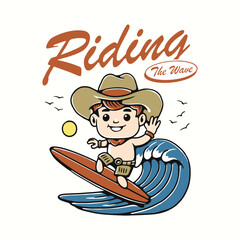 a cartoon of a cowboy on a surfboard illustration