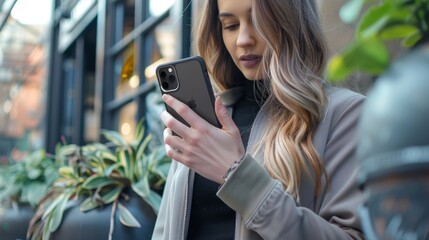 A woman using a protective EMF phone case which combines sleek design with advanced technology to shield the body from harmful EMF emissions. . - obrazy, fototapety, plakaty