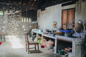 Portrait of traditional kitchen in Indonesia interior and atmosphere inside a traditional vintage house, mostly used for preparing delicious meals