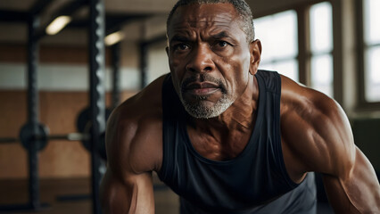 Portrait of an elderly black man in a gym - obrazy, fototapety, plakaty