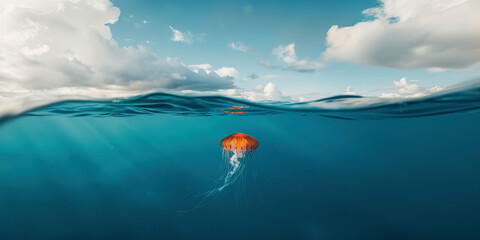 AI generated image, Half underwater shot, Tropical ocean, blue sky and clear water with an orange tiny jellyfish