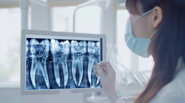 女性の歯科医師が歯のレントゲンを使用するリアルなシーン.